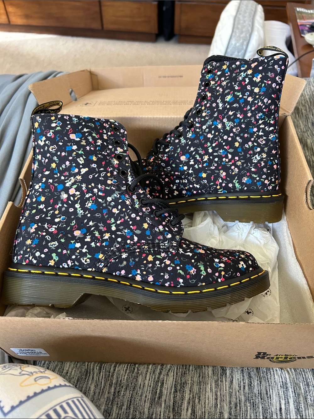 Dr. Martens Black Floral Lace-Up Combat Boots with Yellow Stitching